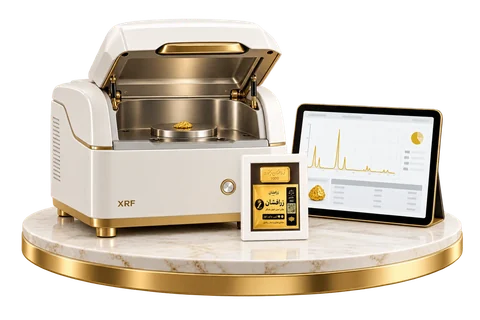 تصویر نمایشی دستگاه XRF با در باز و پک زرافشان کنار دستگاه